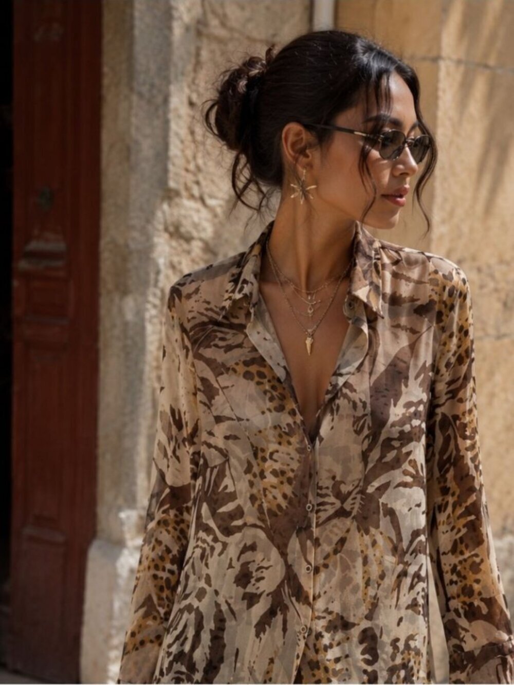 Animal Print Y2K Silk Button Up Blouse Beige Brown Safari Chic Career Festival